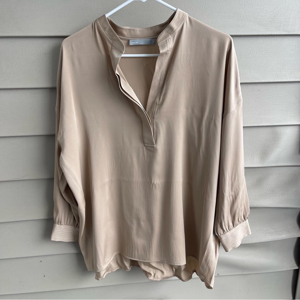 VINCE Silk 3/4 Sleeve Popover Blouse Women‎ XS Tan Luxury Tunic Relaxed Fit NEW
